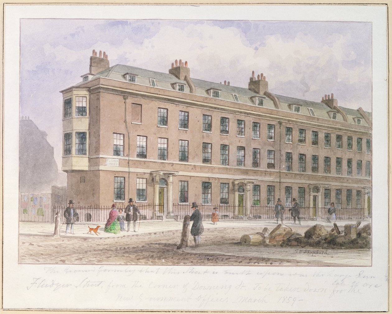 Utsikt over Fludyer Street med utsikt mot Parliament Street, 1859 av Thomas Hosmer Shepherd