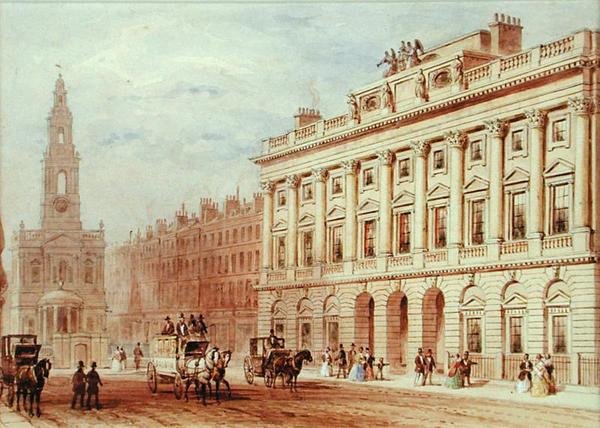 Utsikt over Somerset House og Church of St. Mary Le Strand (blyant og akvarell på papir) av Thomas Hosmer Shepherd