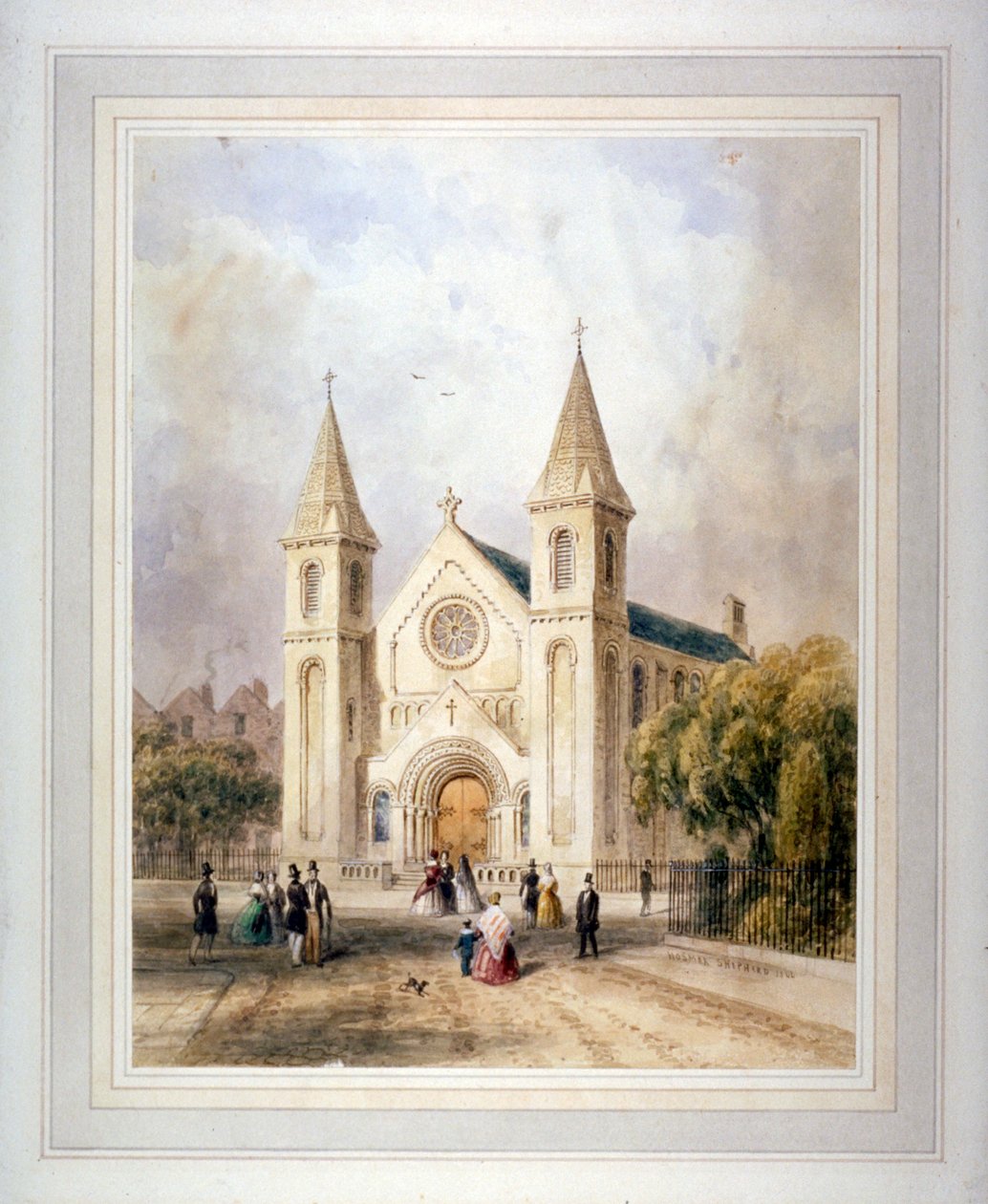 Utsikt over en ukjent religiøs bygning på Regent Square, St Pancras, London, 1842. av Thomas Hosmer Shepherd