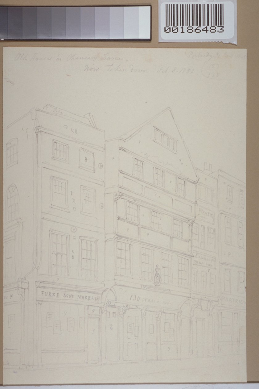 Utsikt over gamle hus i Chancery Lane, 1853 av Thomas Hosmer Shepherd