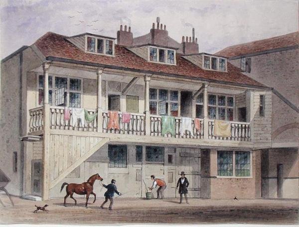 Utsikt over Black Lion Inn, Whitefriars Street, ca. 1855 (akvarell på papir) av Thomas Hosmer Shepherd