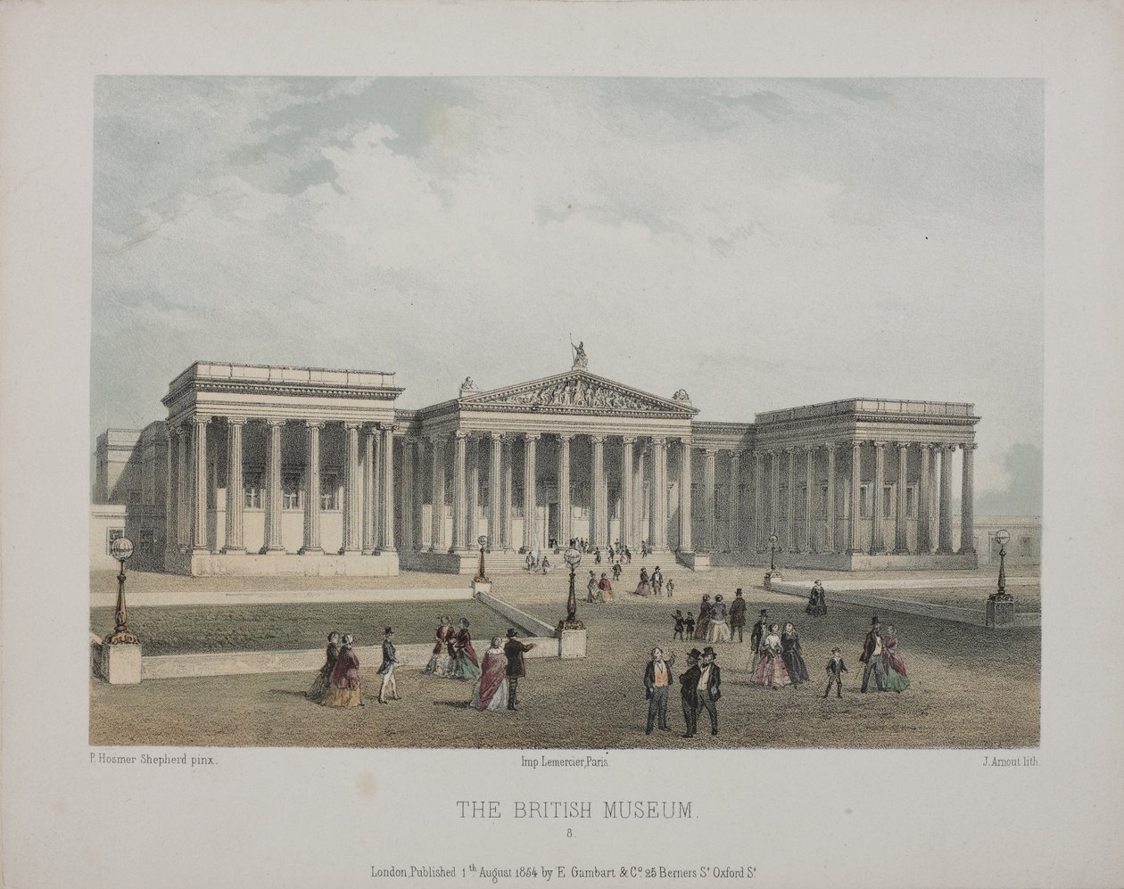 Utsikt over British Museum, med besøkende som går utenfor, 1854 av Thomas Hosmer Shepherd