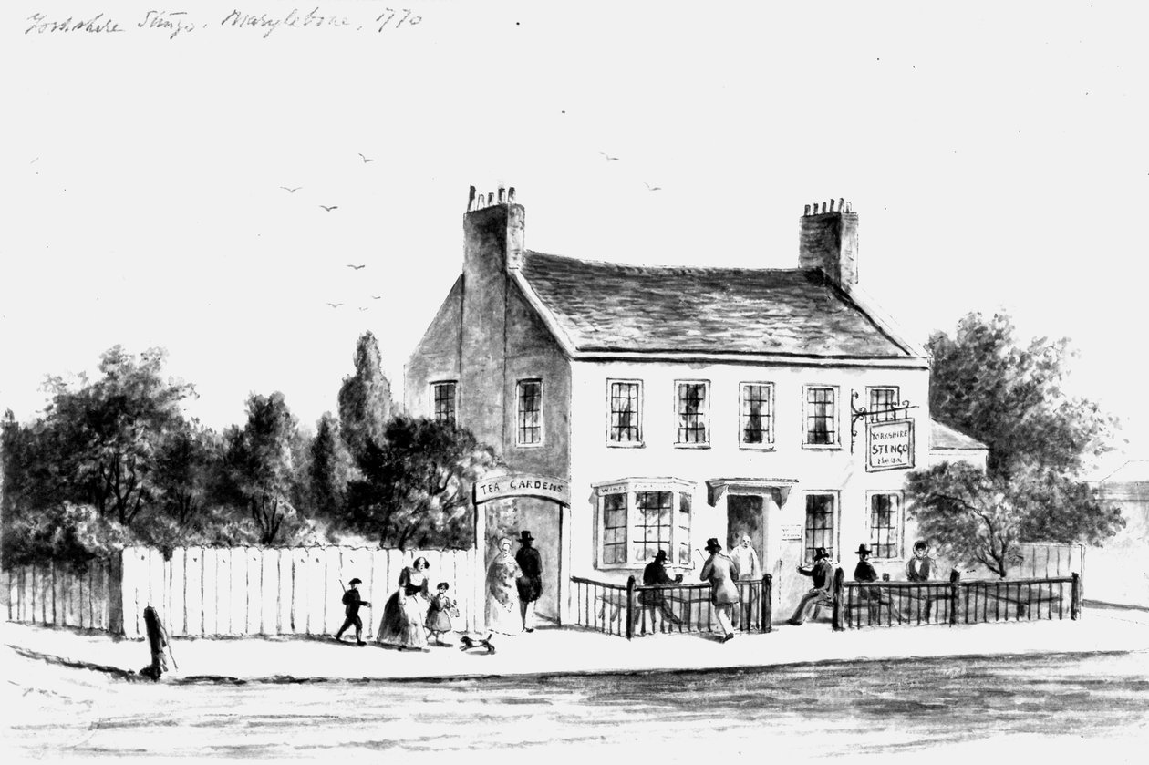 Utsikt over Yorkshire Stingo Public House i Paddington, 1860-1859 (tegning) av Thomas Hosmer Shepherd