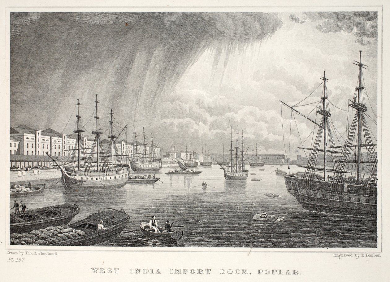 West India Docks, Isle of Dogs, fra London og dets omgivelser i puben fra det nittende århundre. Jones und Co., 1827-1829 av Thomas Hosmer Shepherd