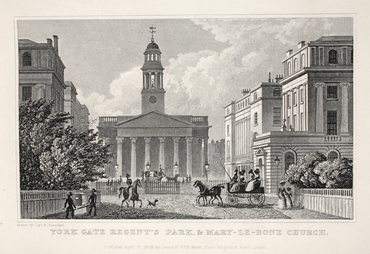York Gate, Regent's Park og Mary-le-Bow Church, fra puben 'London and it's Environs in the Nineteenth Century'. Jones und Co., 1827-1829 av Thomas Hosmer Shepherd