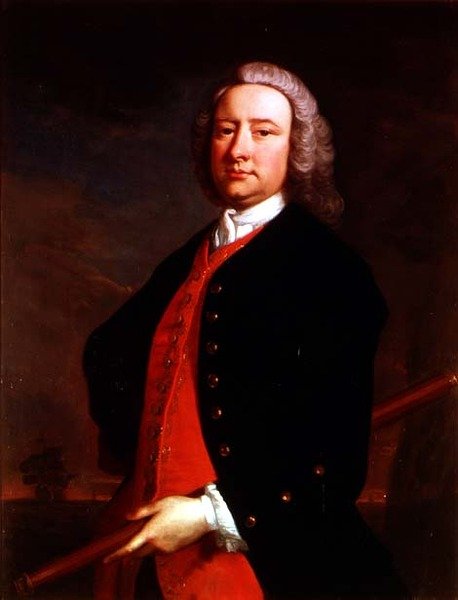 Portrett av Edward Henry Sartorius som holder et teleskop med et kystlandskap utenfor av Thomas Hudson