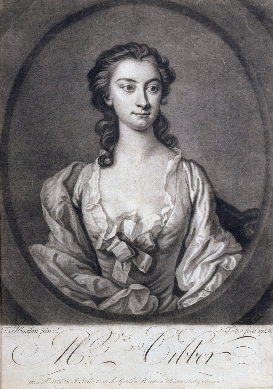 Portrett av fru Cibber (1714-66), skuespillerinne og sanger, gravert av John Faber (1684-1756), 1746 av Thomas Hudson