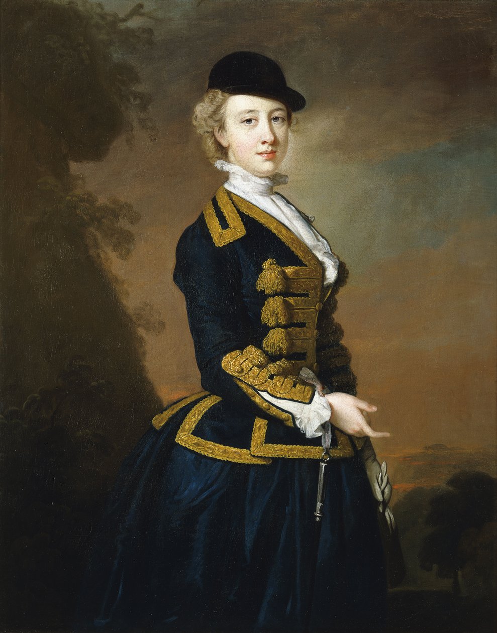 Portrett av Nancy Fortescue, iført en mørkeblå ridevane med gullfroske og lue, av Thomas Hudson