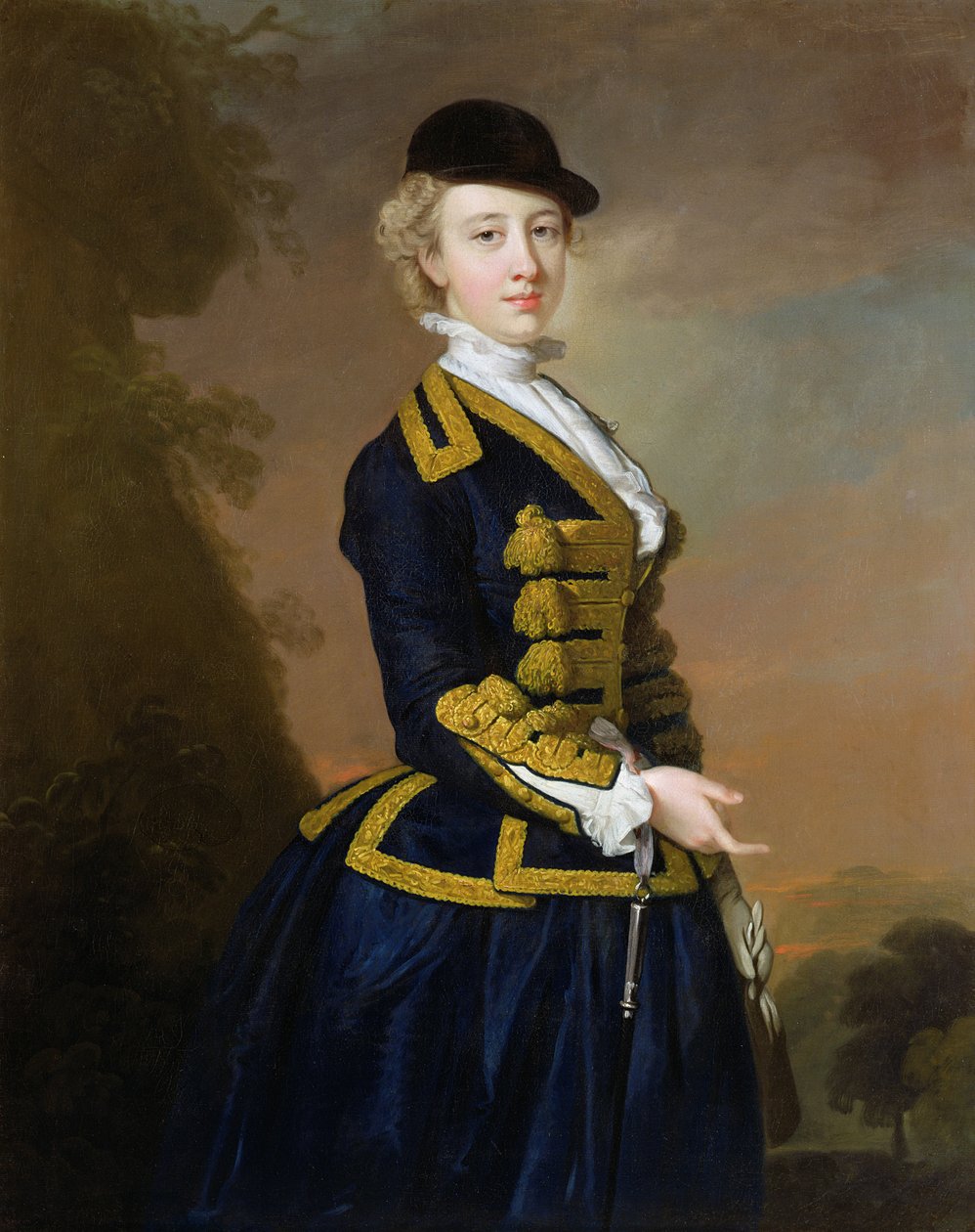 Portrett av Nancy Fortesque iført en mørkeblå ridevane (olje på lerret) av Thomas Hudson