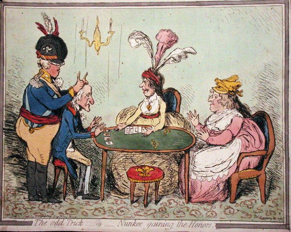 The Odd Trick, or Nunkee Gaining the Honours, utgitt av Hannah Humphrey i 1796 (håndfarget etsning) av Thomas Humphrey