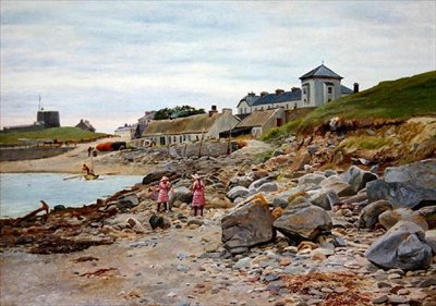 Kingsland, Cornwall, med to jenter på en strand av Thomas J. Purchas