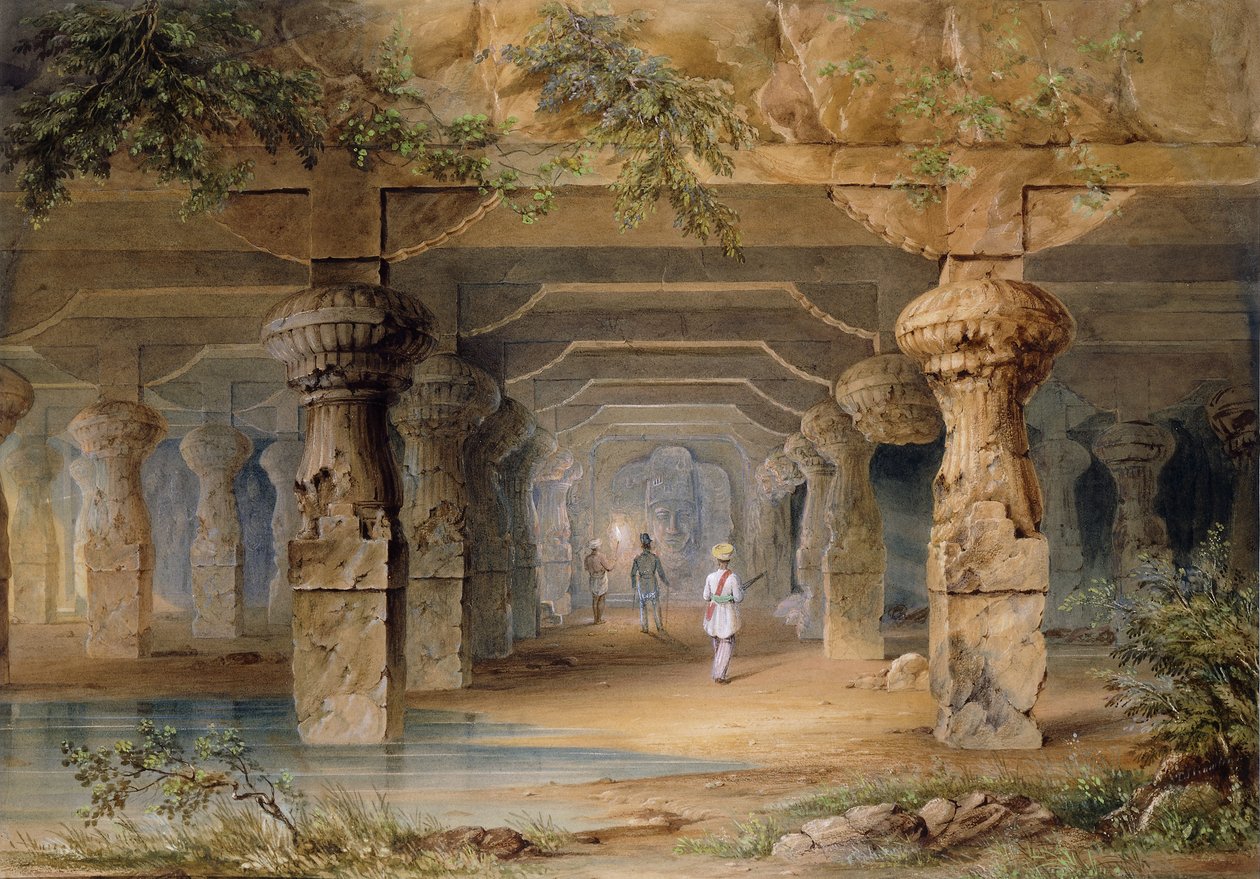 Interiøret i den store hulen, Elephanta, Bombay, 1800-tallet av Thomas J. Rawlins