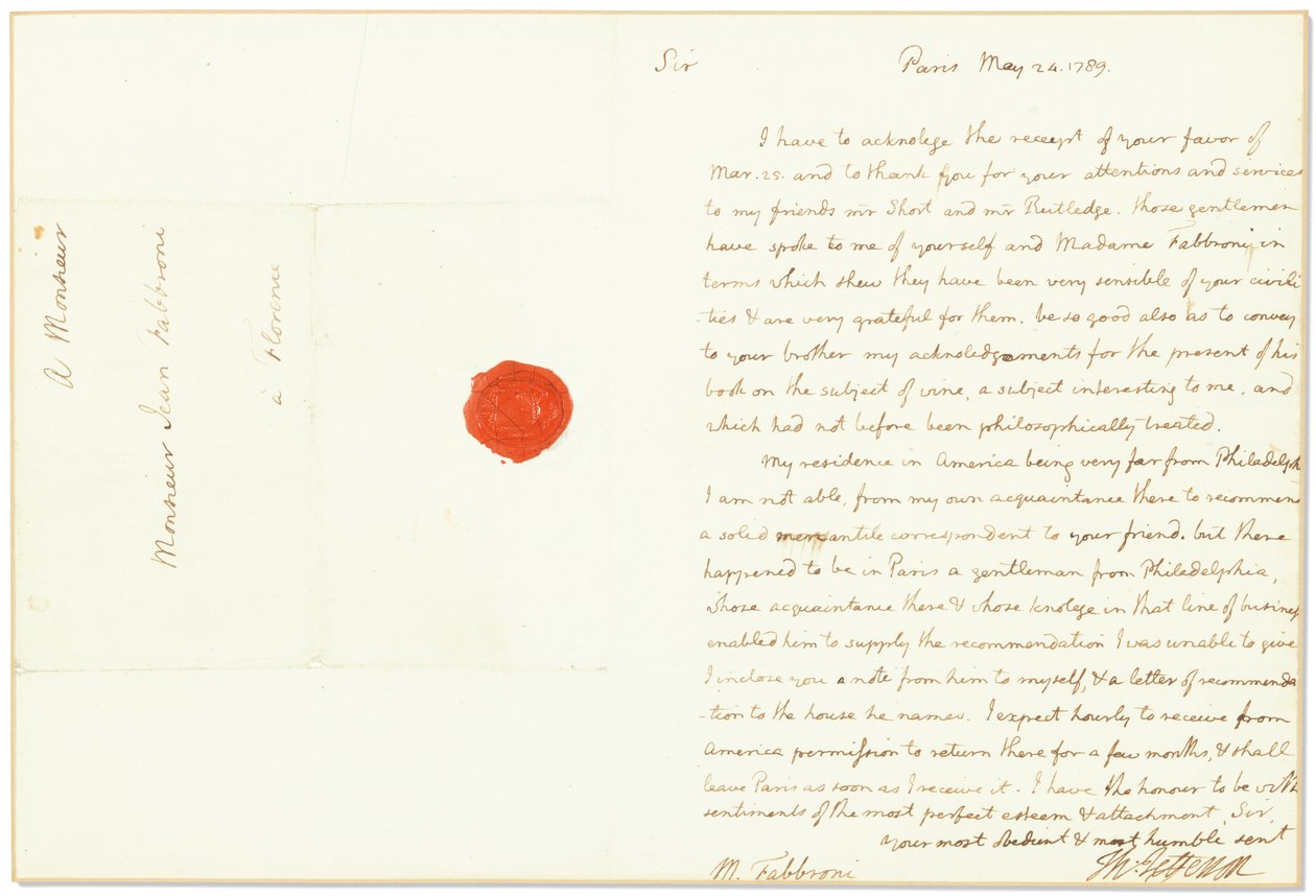 Autografbrev signert som USAs ambassadør i Frankrike, til Giovanni Fabbroni, Paris, 24. mai 1789 av Thomas Jefferson