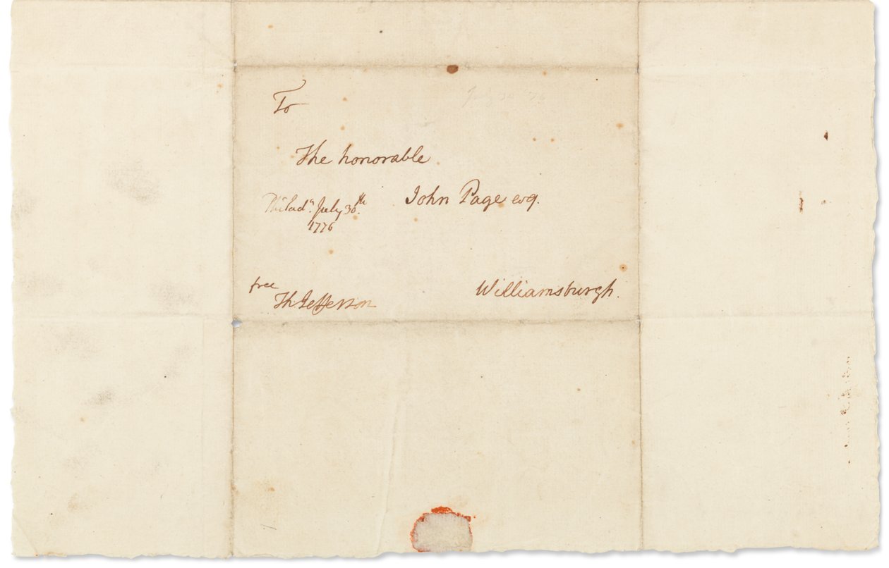Autografbrev til John Page, Philadelphia, 30. juli 1776 (penn og blekk på papir) av Thomas Jefferson