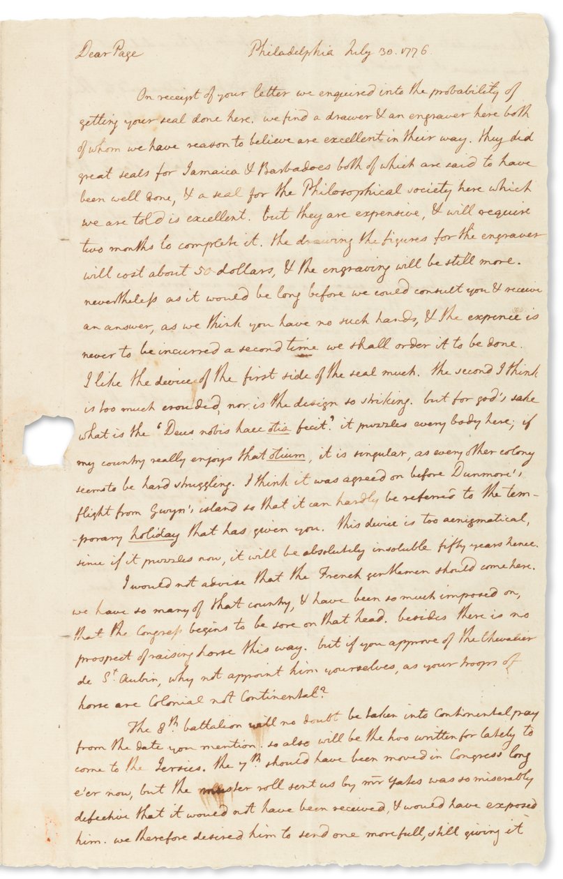 Autografbrev til John Page, Philadelphia, 30. juli 1776 av Thomas Jefferson