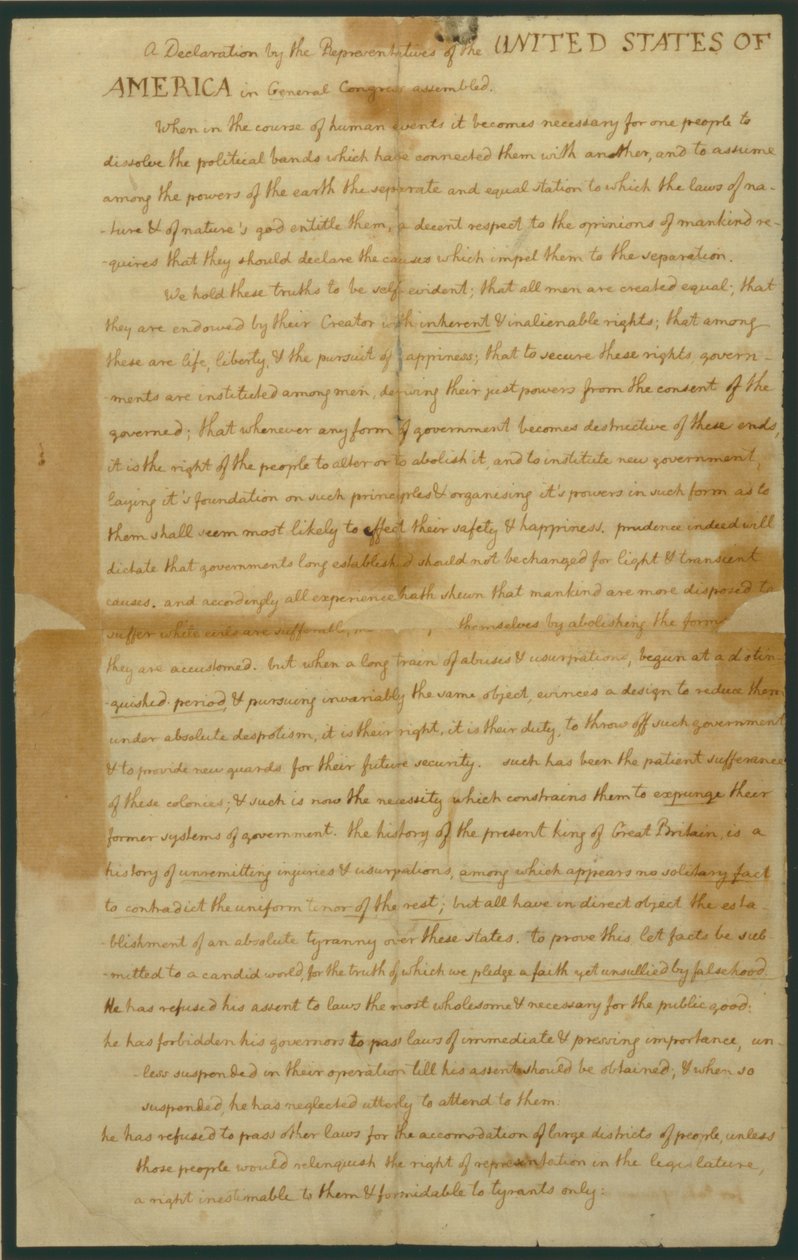 Utkast til uavhengighetserklæringen, 4. juli 1776 av Thomas Jefferson