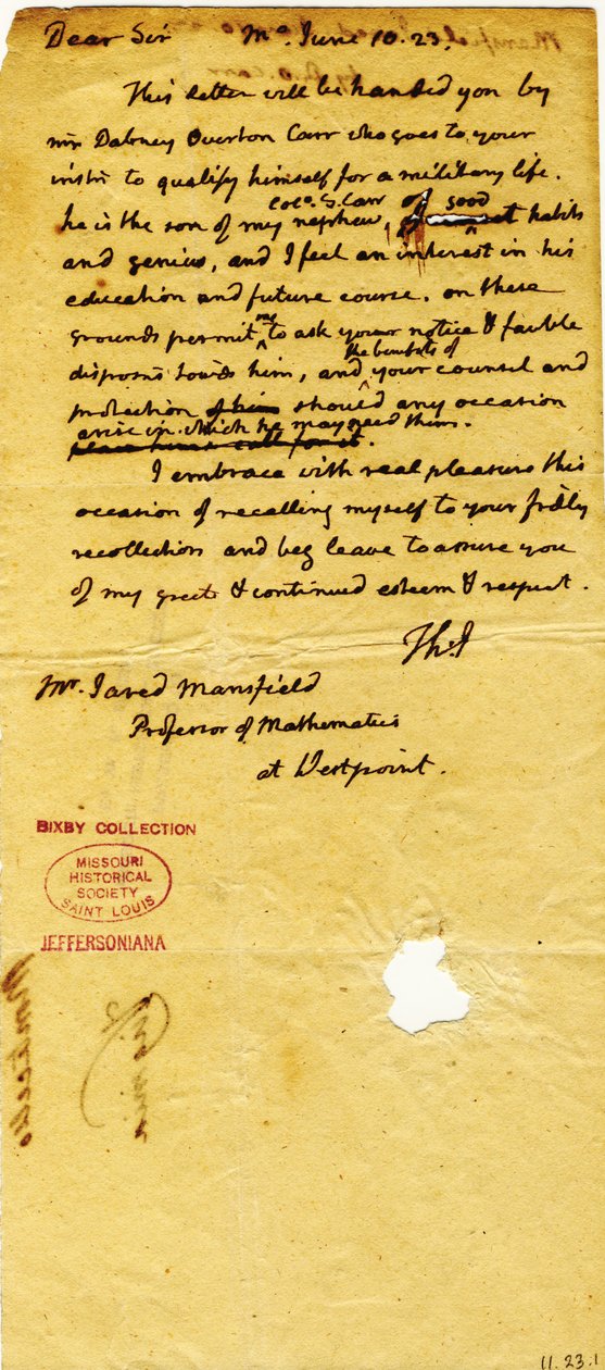 Brev fra Thomas Jefferson (bare initialer), Monticello, til Jared Mansfield, professor i matematikk ved West Point, 10. juni 1823 av Thomas Jefferson