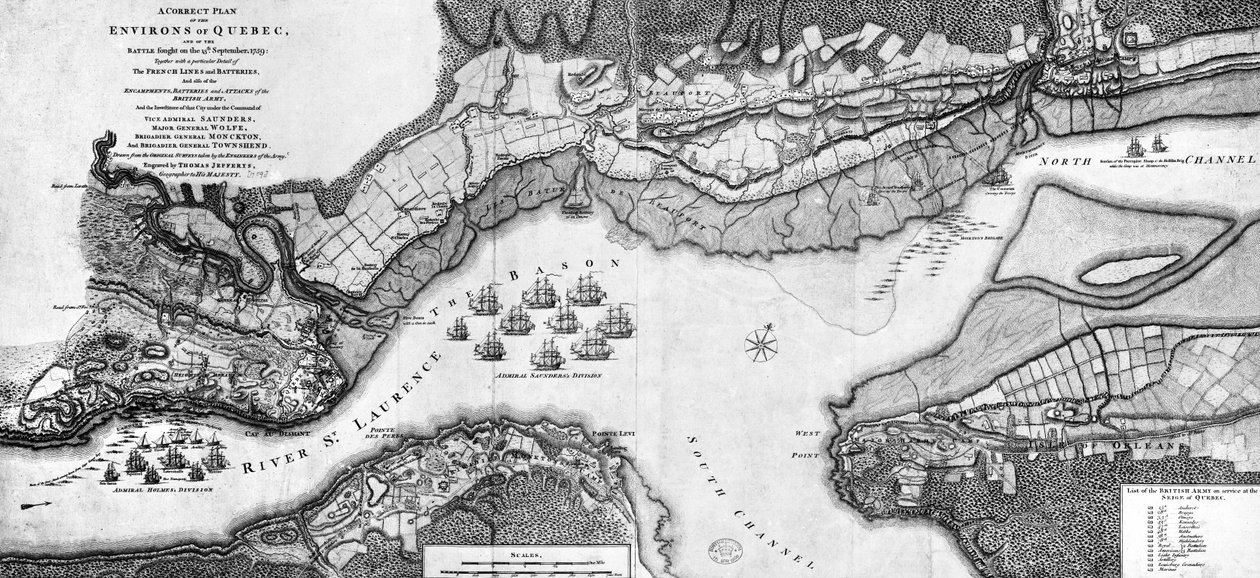 En riktig plan for omgivelsene til Quebec og slaget utkjempet 13. september 1759 av Thomas Jefferys