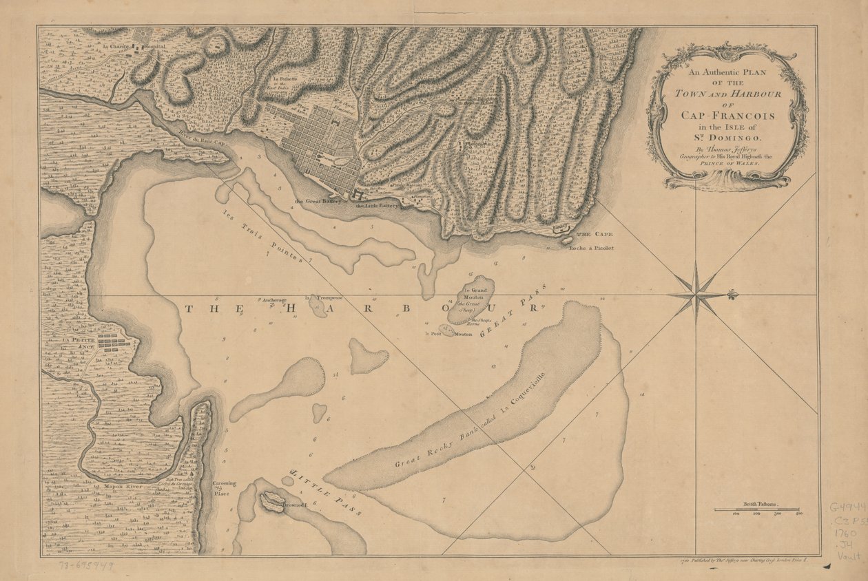 En autentisk plan over byen og havnen i Cap-François på øya St. Domingo. LOC 73695949 av Thomas Jefferys