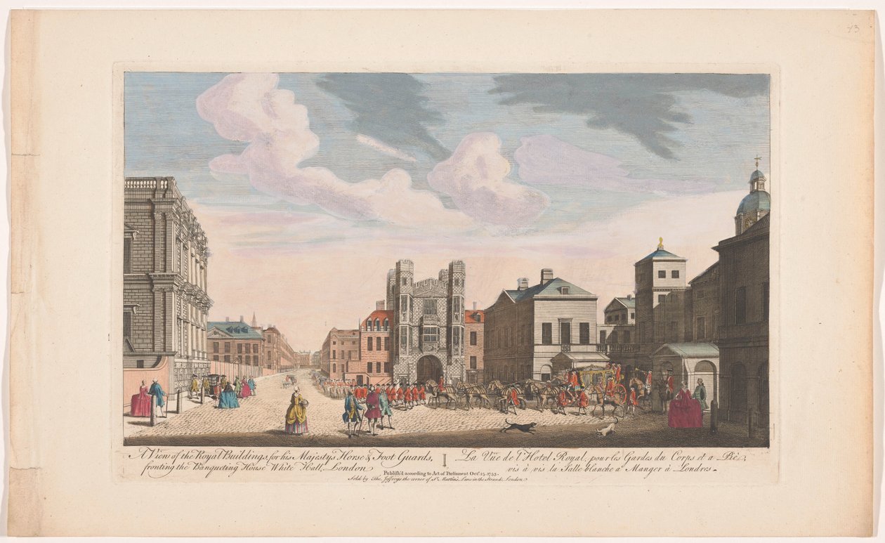 Se på Banqueting House i Horse Guards Building i London En utsikt over de kongelige bygningene, for Hans Majestys heste- og fotvakter, foran Banqueting House White Hall, London (tittel på objekt) av Thomas Jefferys