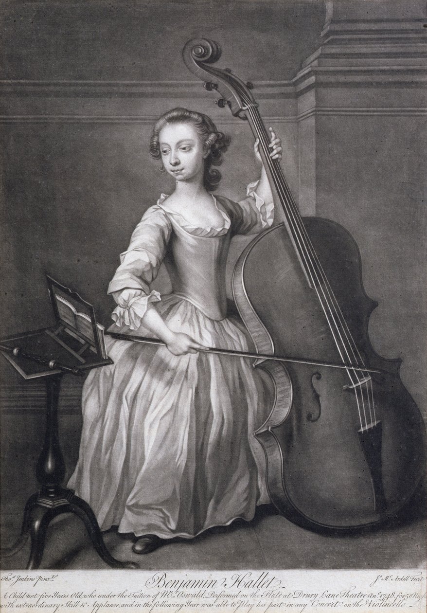 Portrett av Benjamin Hallet som spiller cello, gravert av James McArdell (ca. 1729-65), ca. 1749 av Thomas Jenkins