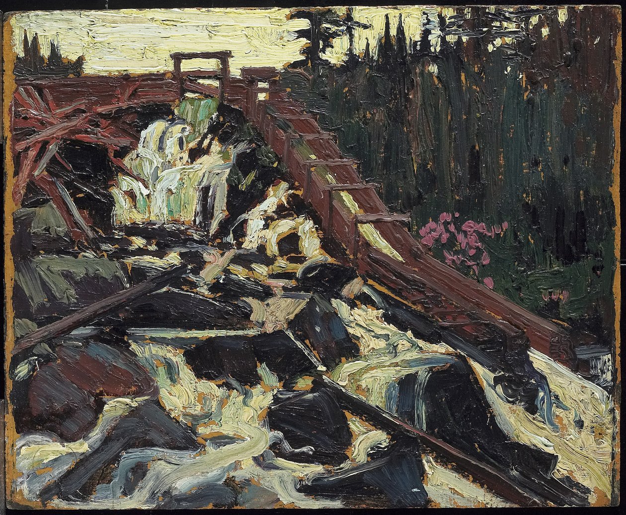 Timber Chute, 1915 (olje på kompositt tremasseplate) av Tom Thomson