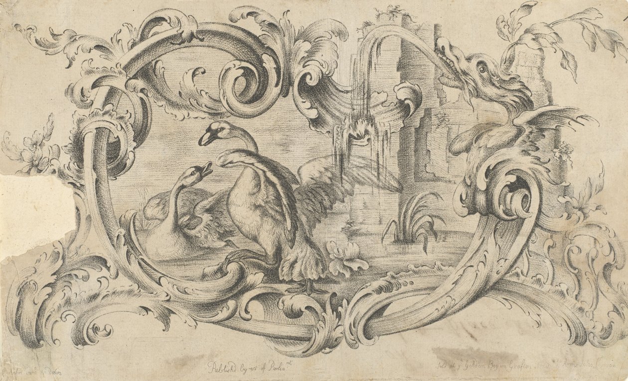 Design for et nettbrett for et skorsteinsstykke med to svaner i kamp, innelukket i en rulle..., 1762. av Thomas Johnson