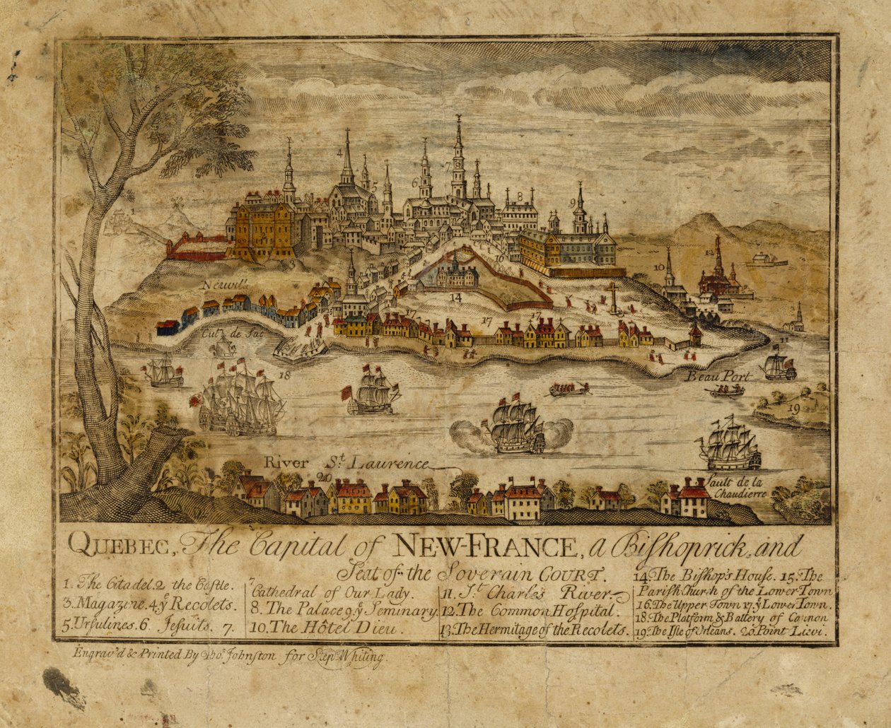 Quebec, hovedstaden i New France, en biskopsrick og sete for Soverain-domstolen, 1759 (håndfarget gravering) av Thomas Johnston