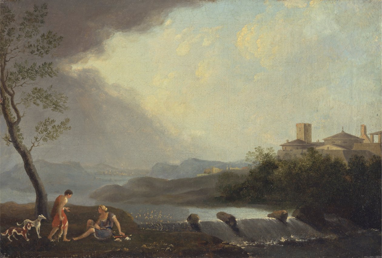 Et imaginært italiensk landskap med klassiske figurer og en foss av Thomas Jones