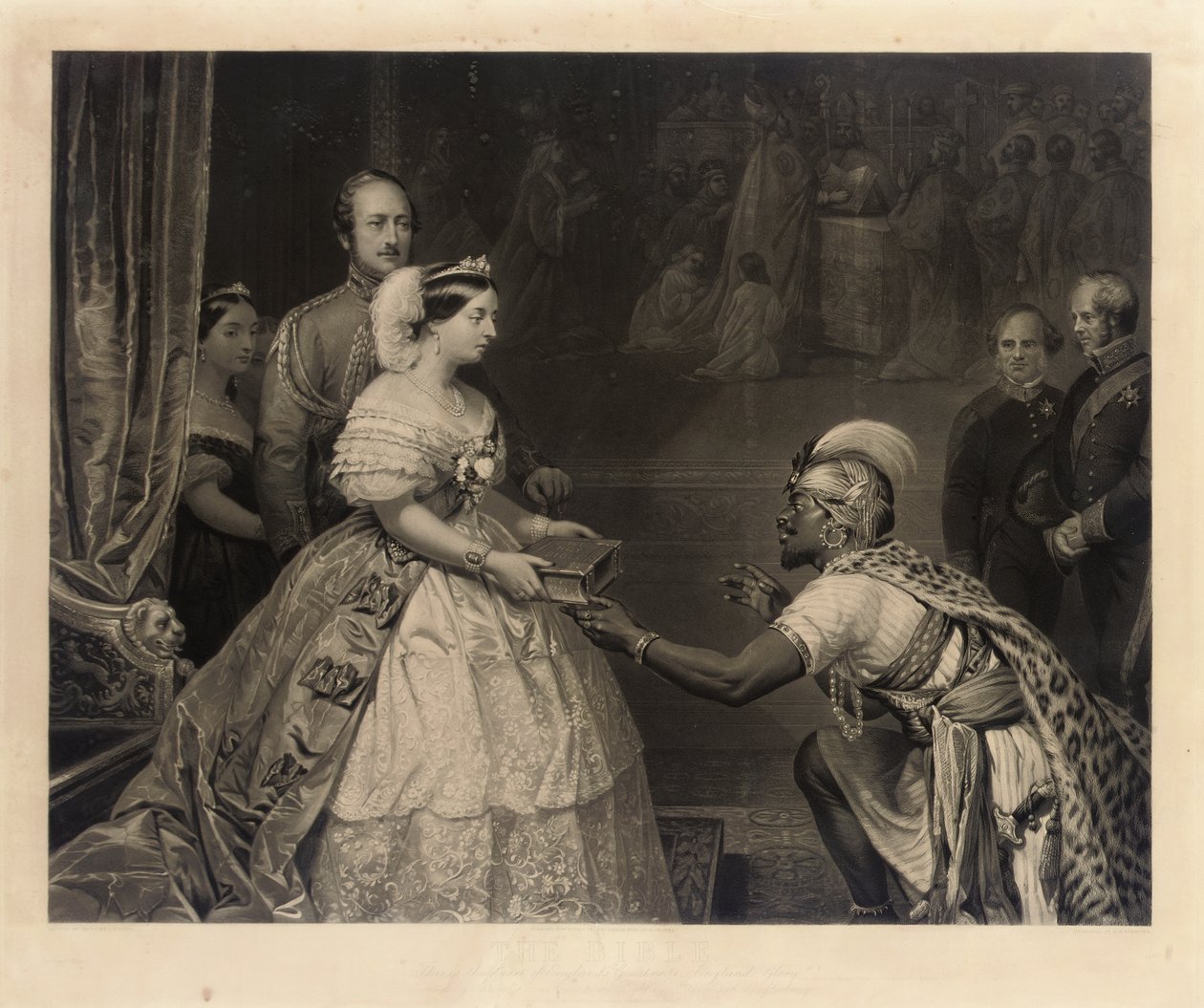 Bibelen "Dette er hemmeligheten bak Englands storhet, Englands herlighet!", gravert av William Henry Simmons av Thomas Jones Barker