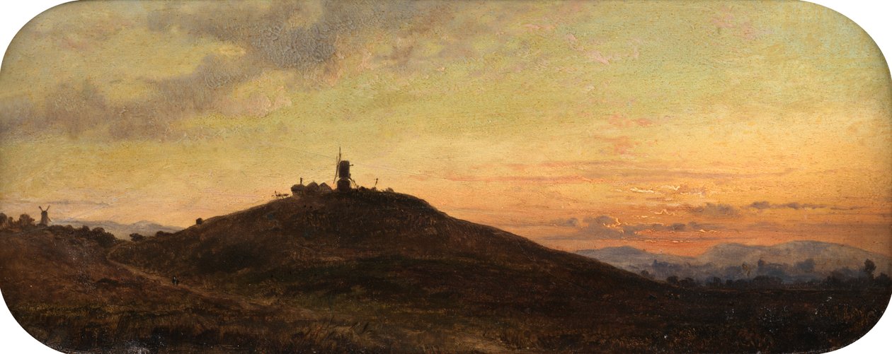 Vindmølle ved solnedgang (olje om bord) av Thomas Jr. Whittle