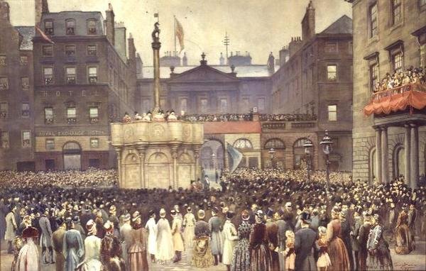 Presentasjonen av det restaurerte markedskorset, Edinburgh, for Magistrates Council av Høyre ærede W.E. Gladstone, MP, 23. november 1885 av Thomas L. Sawers