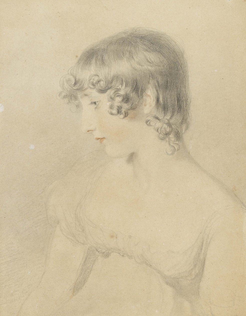 Bysteportrett av Susan Bloxam, snudd i profil til venstre, 1818 (svart kritt, berørt med rødt kritt, og lett påtroppende hvitt kort, misfarget brunt) av Thomas Lawrence