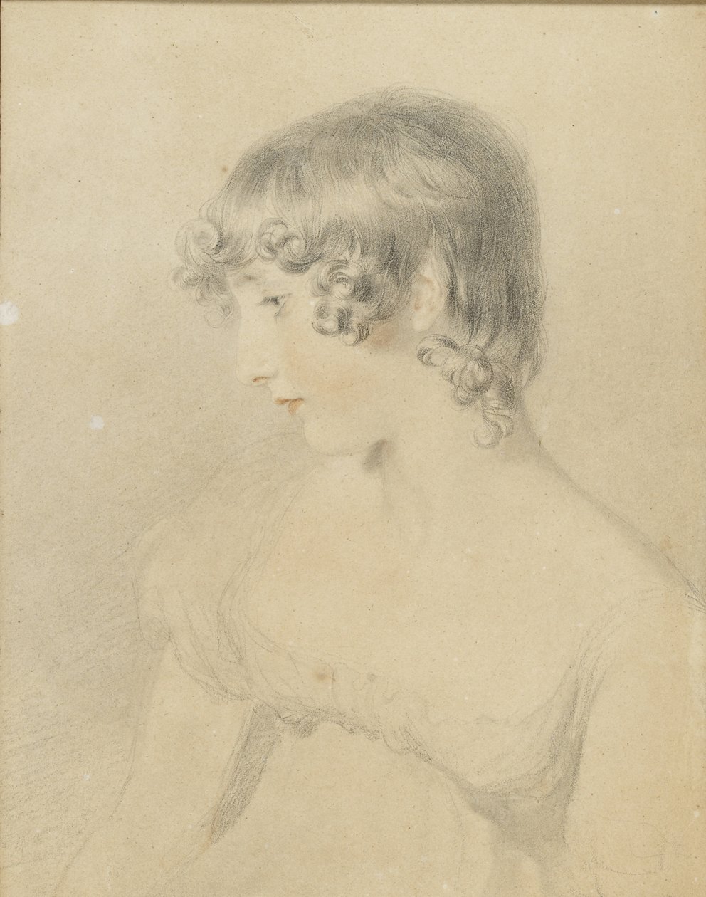 Bysteportrett av Susan Bloxam, snudd i profilen til venstre, 1818 (svart kritt, berørt med rødt kritt, lett stumpet på hvitt kort misfarget brunt) av Thomas Lawrence