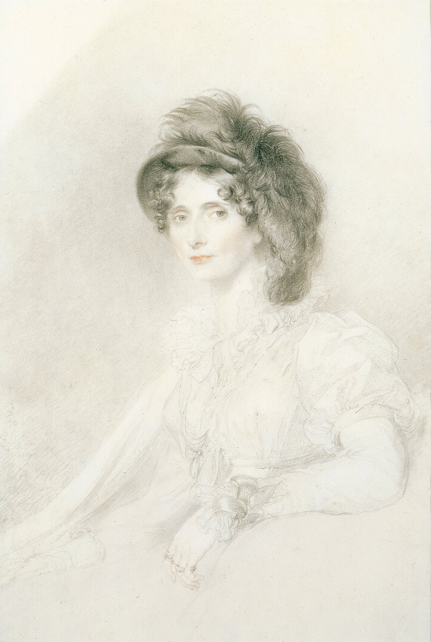Portrett av Elizabeth, hertuginne av Devonshire (1758-1824), sittende, halvlang, iført en stor fjærkledd hatt (blyant, svart og rødt kritt på papir) av Thomas Lawrence