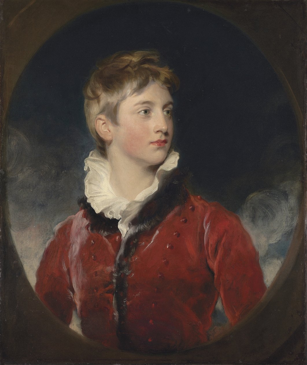Portrett av Frederick William Stewart, 4. Marquess of Londonderry, K.P., M.P. (1805-1872) da en gutt, halvlang, i rød frakk, i en falsk oval (olje på lerret) av Thomas Lawrence