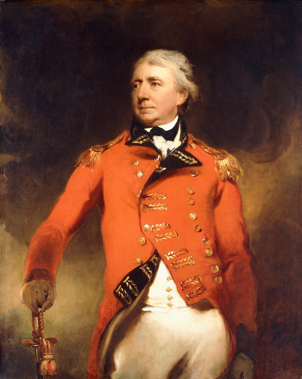 Portrett av general James Stuart stående trekvart lang, iført en rød uniform med gullfrosk, av Thomas Lawrence