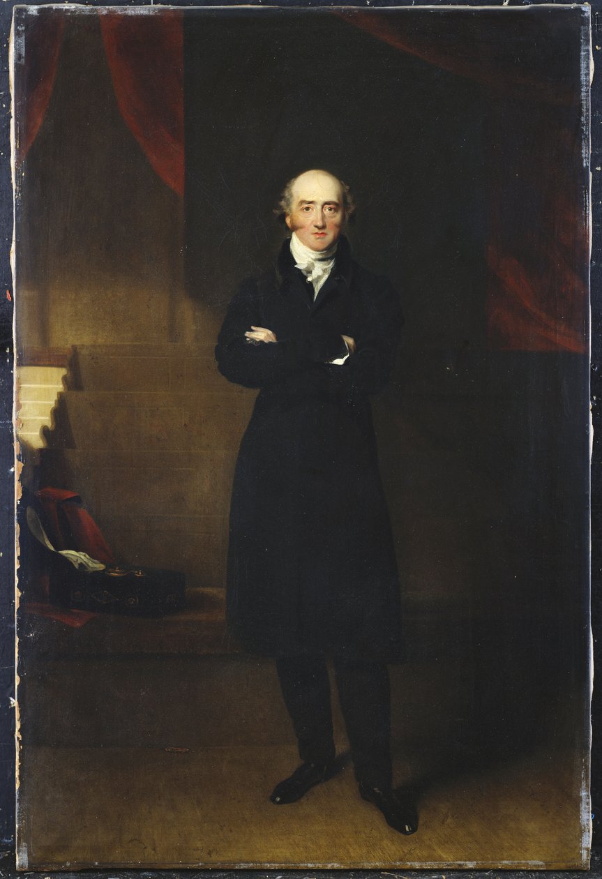 Portrett av George Canning, full lengde, stående iført en svart frakk i et interiør, med armene foldet av Thomas Lawrence