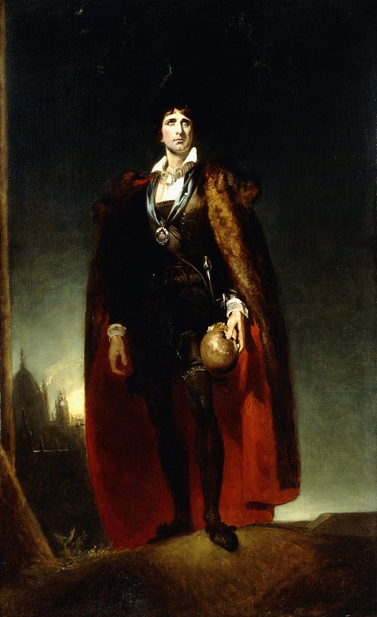 Portrett av John Kemble som Hamlet, stående i full lengde i et landskap, iført en kappe og holder en hodeskalle, av Thomas Lawrence
