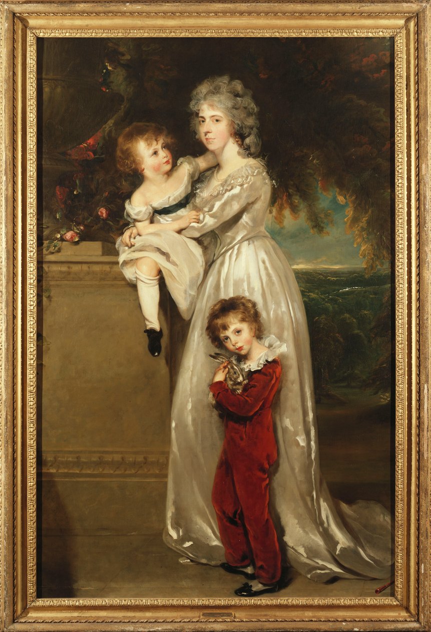 Portrett av fru Annesley stående i full lengde, i en hvit kjole med sine to barn av Thomas Lawrence
