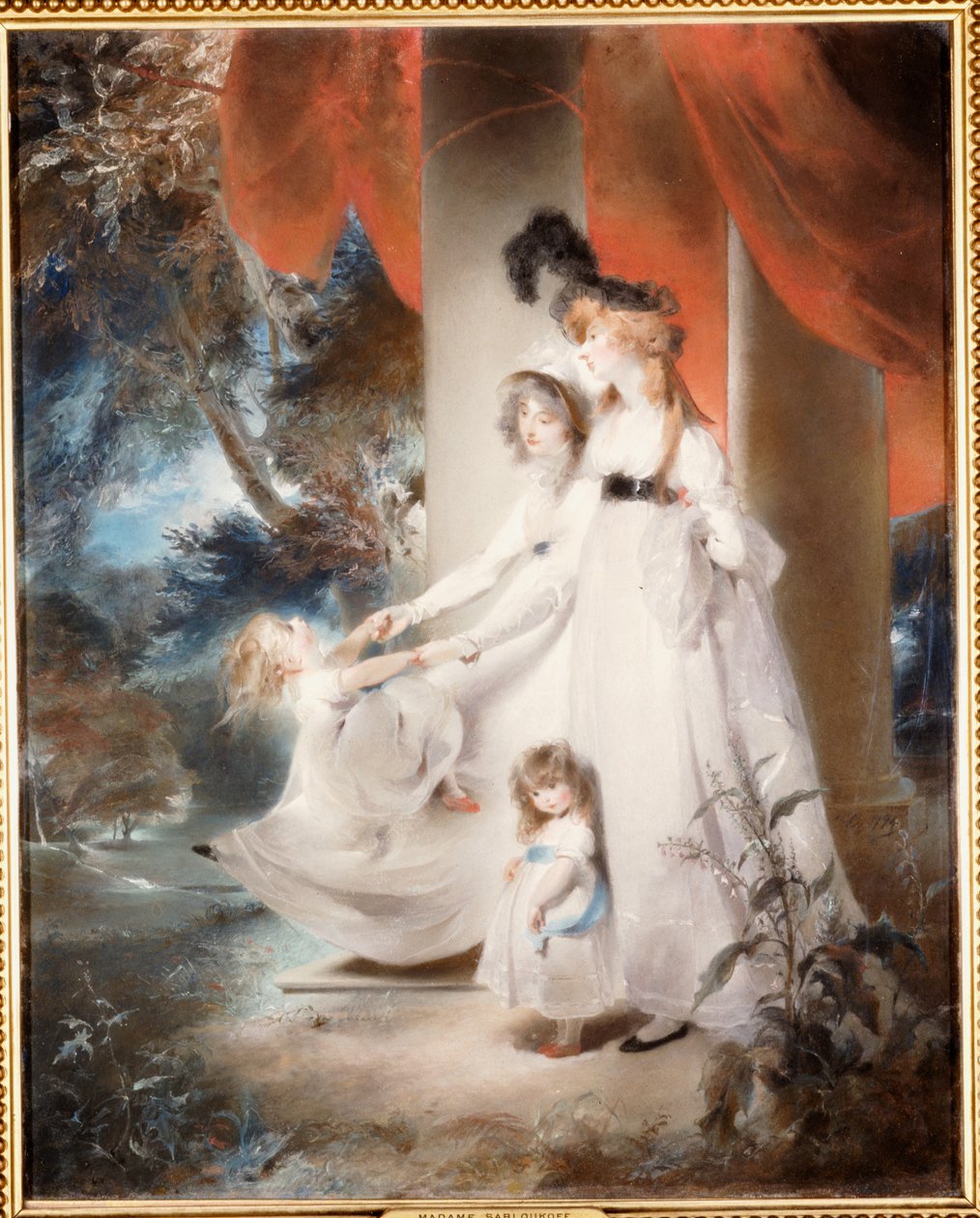 Portrett av fru Ayscoghe Boucherett med hennes to eldste barn, Emilia og Ayscoghe, og hennes halvsøster Juliana Angerstein, senere Madame Sabloukoff, i en hage av Thomas Lawrence