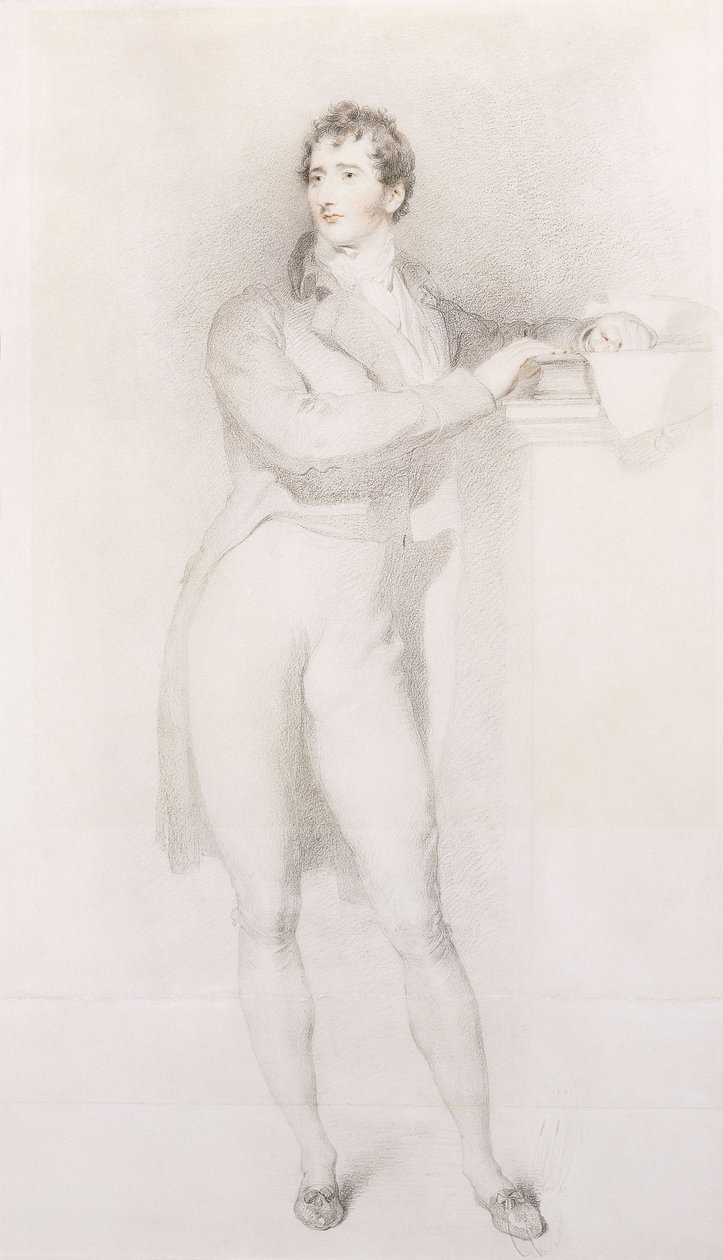 Portrett av Sir Francis Burdett, Bart, liten i full lengde, stående ved en peishylle, ca. 1796 av Thomas Lawrence