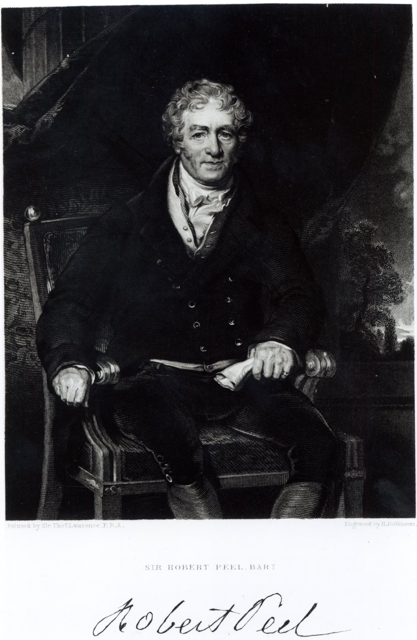 Portrett av Sir Robert Peel (1788-1850), gravert av H, Robinson (gravering) (bw-foto) av Thomas Lawrence