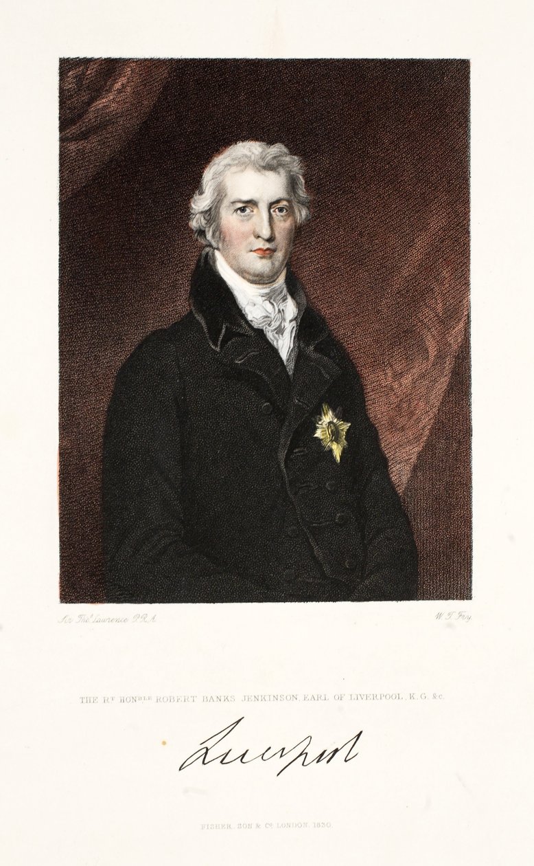 Høyre ærede Robert Banks Jenkinson, jarl av Liverpool, K.G. og C., pub. 1830 (håndfarget gravering) av Thomas Lawrence