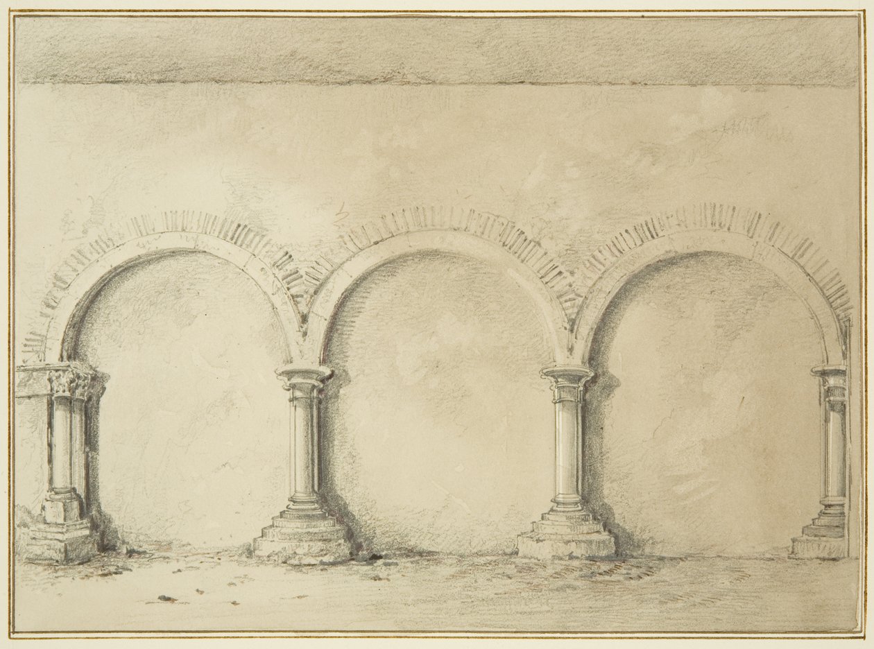 Buer og søyler i Mereweathers lokaler mellom Nicholas Street og Corn Street (blyant og akvarell på papir) av Thomas Leeson the Elder Rowbotham