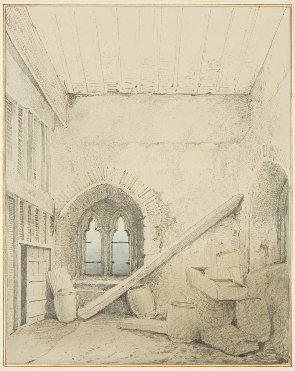 Buer, søyler og vinduer i Mereweathers lokaler mellom Nicholas Street og Corn Street (blyant og akvarell på papir) av Thomas Leeson the Elder Rowbotham