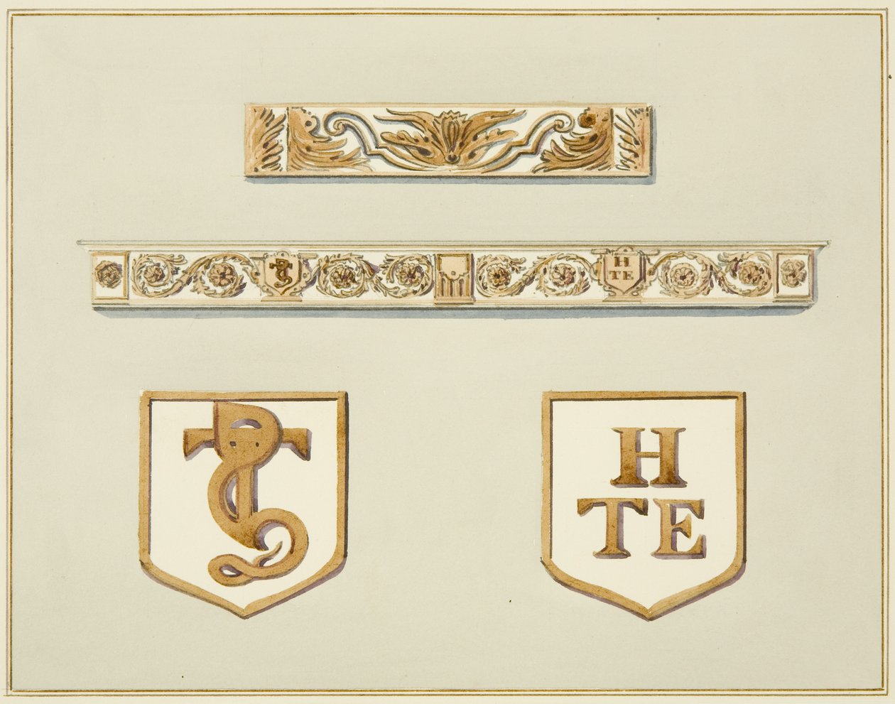 Utskåret eikefris, inkludert en fra skorsteinsstykket, ved 15 Broad Street (akvarell på papir) av Thomas Leeson the Elder Rowbotham