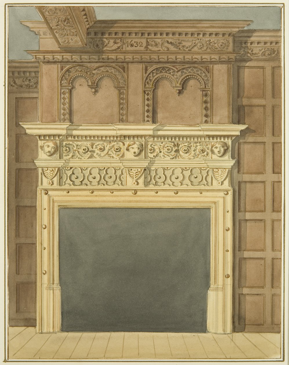 Skorstein og panel, datert 1632, i hus på nordsiden av St Nicholas Street (akvarell på papir) av Thomas Leeson the Elder Rowbotham