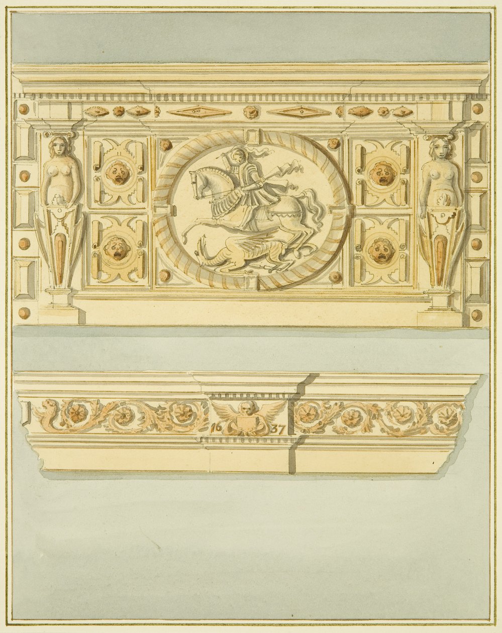 Skorstein ved 6 Redcliffe Street, datert 1637 (akvarell på papir) av Thomas Leeson the Elder Rowbotham