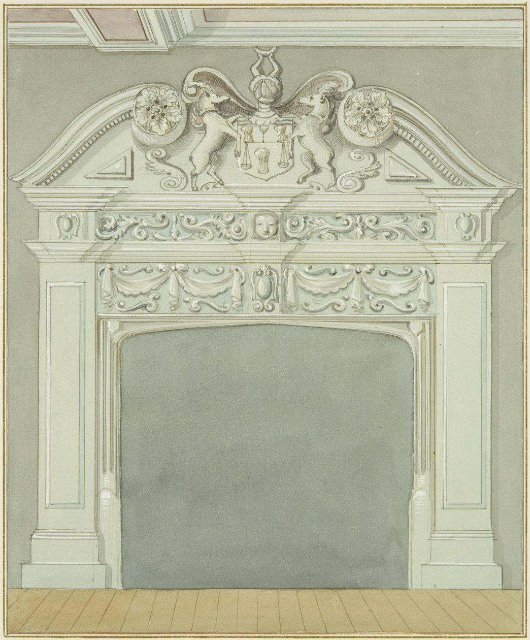 Skorsteinsstykke i lokalene ved siden av Guard House, Wine Street (akvarell på papir) av Thomas Leeson the Elder Rowbotham